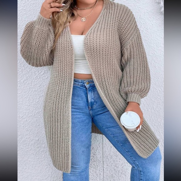 New Open Front Duster Cardigan Oversized Pointelle Drop Shoulder Khaki Knit Cozy - Picture 9 of 16